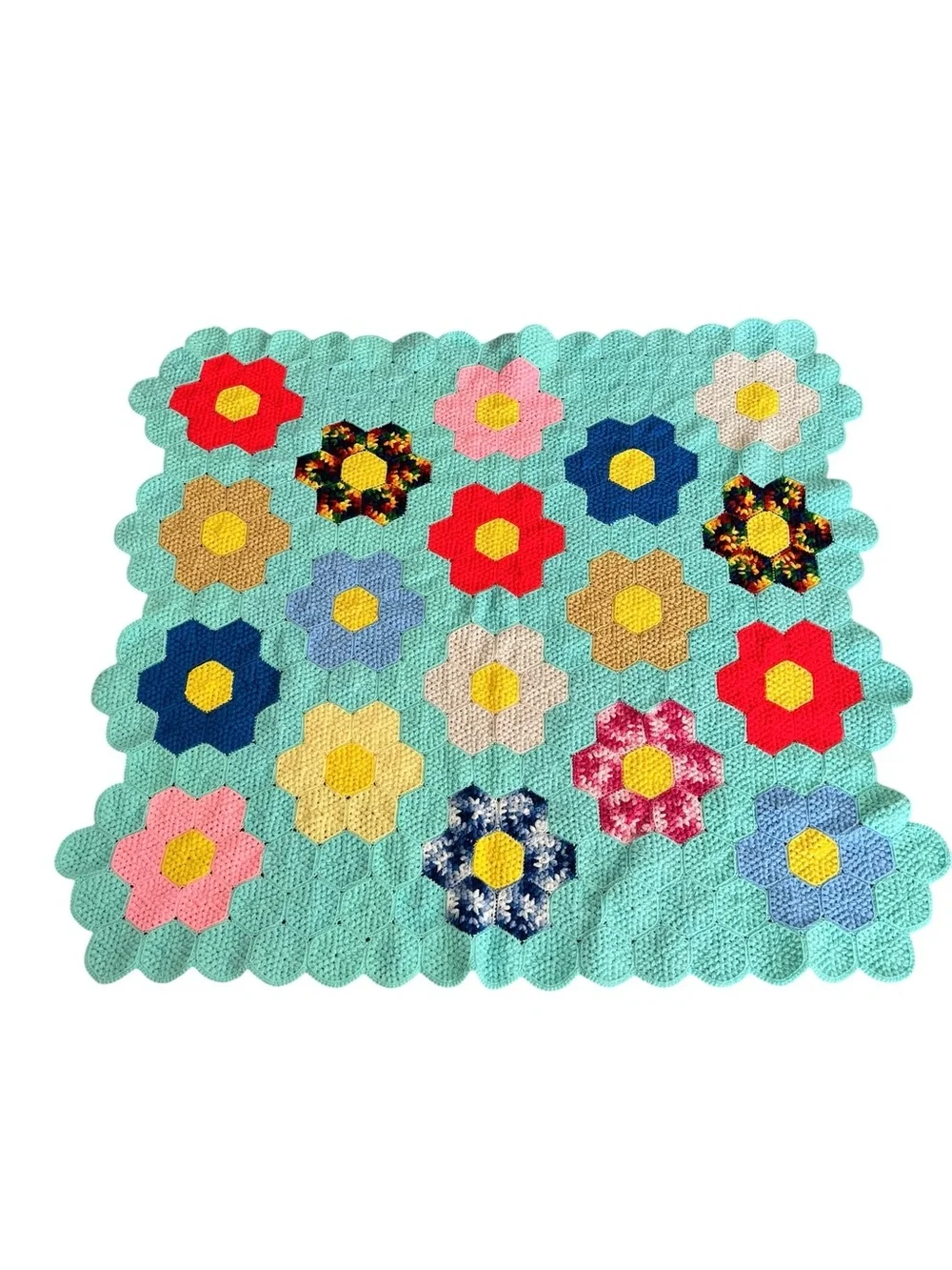 Handmade Granny Square Floral Afghan Knit Blanket Rainbow Teal